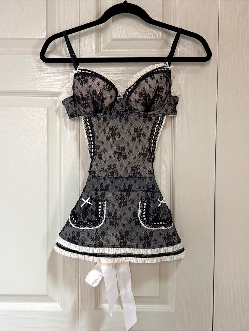 Vintage Victoria's Secret Black Lace French Maid Apron Babydoll Lingerie 34B